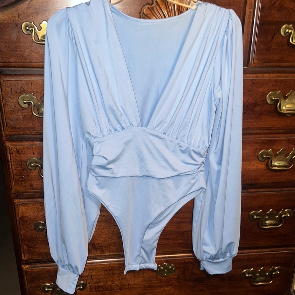 New without tags never worn XL light blue long sleeve pleated v neck bodysuit